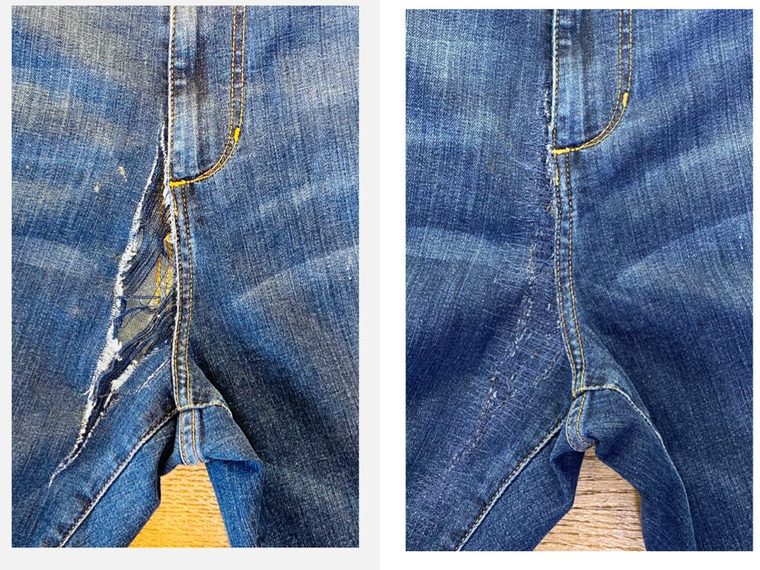 Left, a jean inseam torn open; right, the same inseam sewn closed.